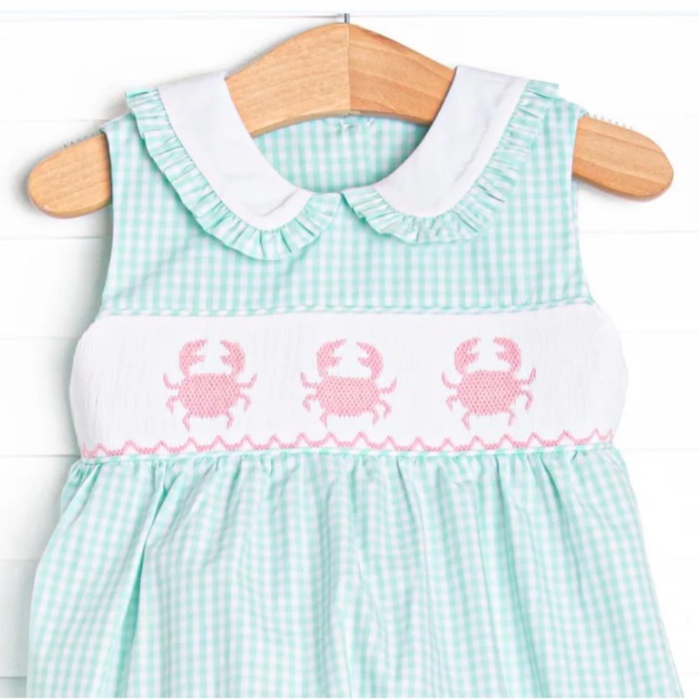 Stitchy Fish: Shoreline Shuffle Mint Gingham Smocked Crab Dress